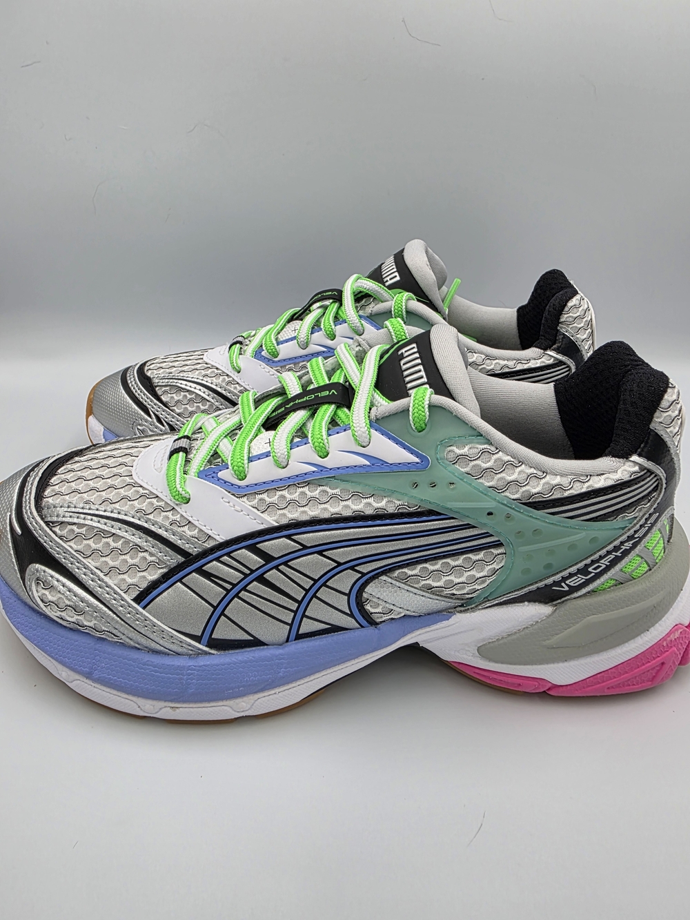 PUMA Women's Silver Athletic Sneakers with Green Accents